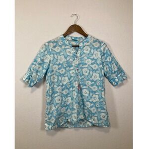 Fusion‎ Womens Blue Floral Print Tunic Top Size M Button Up Tassel Accent